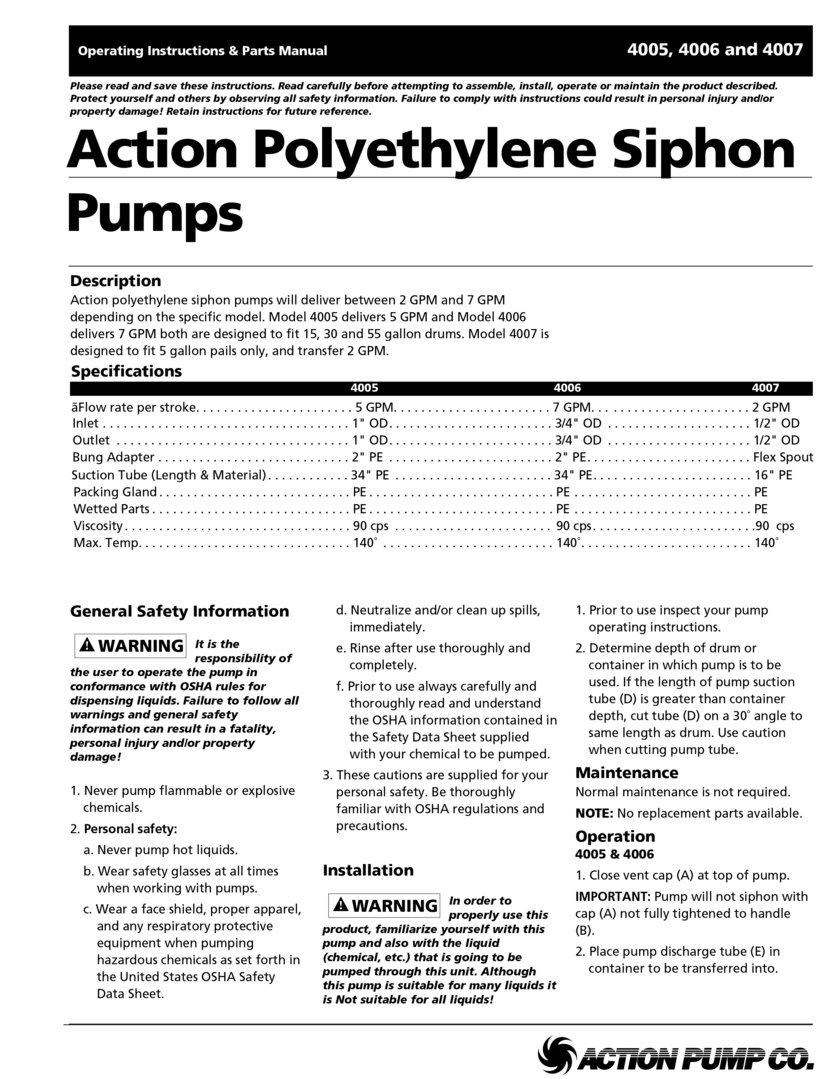 Action Pump 4007 2gpm Polyethylene Siphon Pump Pack of 45 pcs 